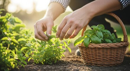 Hands gently harvesting fresh herbs from a garden, filling a woven basket with vibrant green leaves under the warm sunlight.