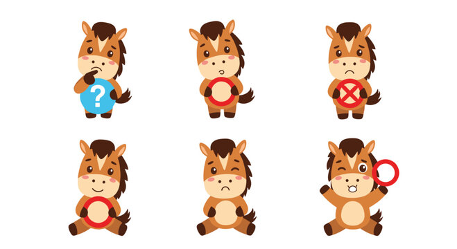 Cute Horse Cartoon Character with Different Expressions and Symbols.