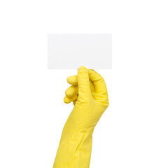 Hand in Yellow Protective Glove Showing Business Card Isolated on White and Png Transparent Background