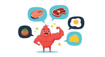 Fototapeta premium Protein Power - Cartoon Character with Protein-Rich Food Choices.