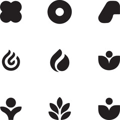 Collection of abstract and naturalistic black icons representing growth and energy on white transparent background