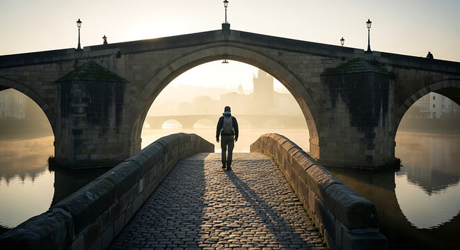 A lone traveler walks across an old stone bridge, into the foggy distance with the city silhouette at sunrise. - Powered by Adobe