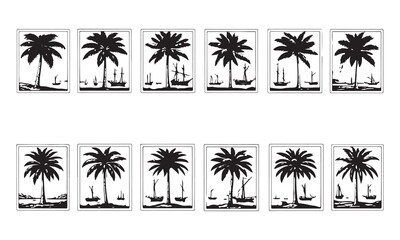 Fototapeta premium palm trees on the beach engraving outline vector art illustration design, palm tree silhouette, hand drawn beach drawing, line art palm tree, sea, beach, summer view, vintage palm tree on sea beach se