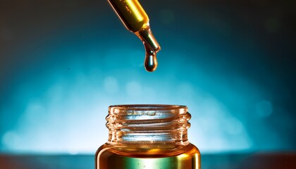 golden liquid meticulously drips from a clear glass dropper into a small scientific vial showcasing a precise laboratory procedure against a