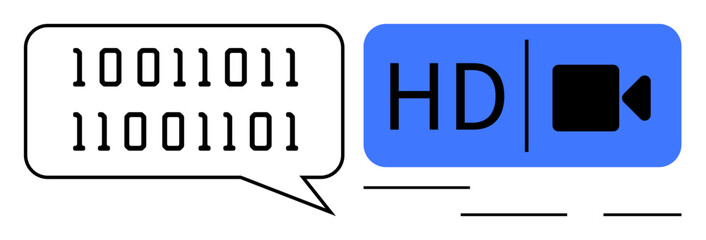 Binary code in a speech bubble next to an HD video icon in blue. Ideal for technology, video streaming, coding, communication, digital transformation, AI, online education. Simple flat metaphor