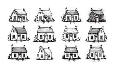 Naklejka premium Vintage engraving Cottage House vector art Illustration set 
