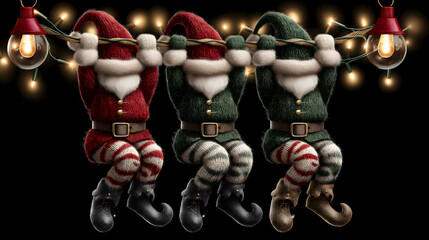 Three little elves hanging from a Christmas garland
