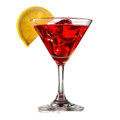 Elegant red cocktail in a martini glass garnished with cherry and lemon served on a white background