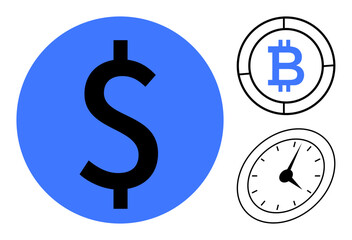 Blue dollar icon, Bitcoin symbol in a circle, and analog clock imagery. Ideal for finance, cryptocurrency, time management, investment, budgeting economics and productivity. Simple flat metaphor