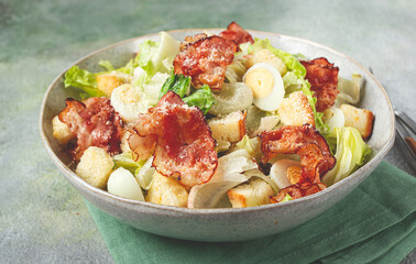 caesar salad with fried bacon, quail eggs, homemade, no people,