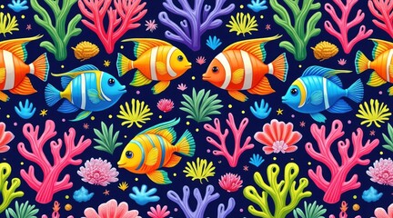 Fototapeta premium Vibrant seamless pattern of colorful tropical fish and coral reef.