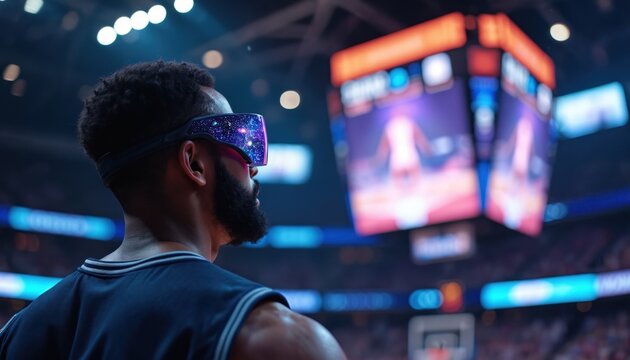 Basketball player observes game in advanced stadium. Futuristic glasses display augmented reality data. Intense competition unfolds within a vibrant digital arena, captivating the spectator.
