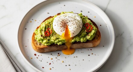 Avocado toast with poached egg on a white plate, yolk dripping, close-up shot.