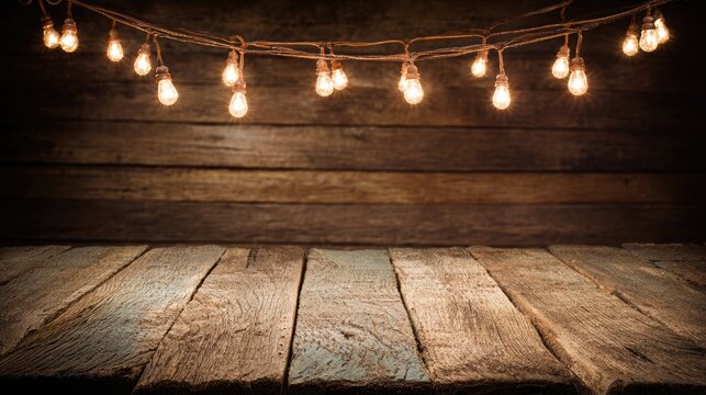 Rustic wooden table with warm string lights - Powered by Adobe