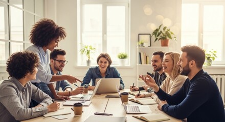 Diverse team collaborating on a laptop in a bright office.