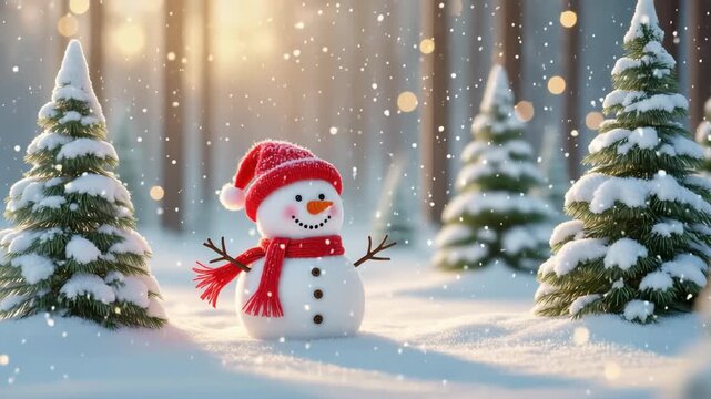 Cute snowman wearing red hat and scarf in snowy forest among fir trees with falling snow. Warm light and festive atmosphere. Christmas and winter concept.