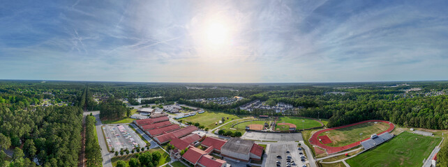 Aerial landscape of Richmond Hill residential area sunny summer day in Bryan County Georgia