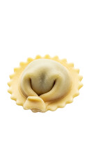 Close-up of a single, handmade raviolo pasta, isolated on black