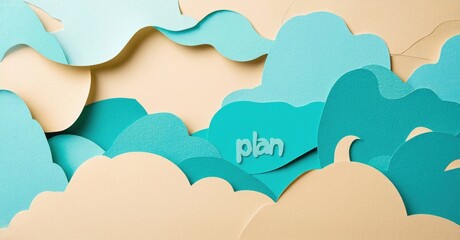 Paper clouds create layered landscape. Word plan visible amidst fluffy forms. Beige background provides contrast, soft aesthetic.