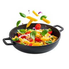 Cooking Italian pasta with vegetables flying over a hot frying pan isolated in white transparent background png 