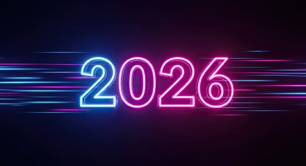Glowing 2026 text in neon blue and pink with light speed effect no logo use