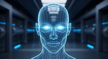 Digital human head hologram with glowing blue eyes in a futuristic corridor