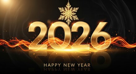 Golden 2026 text with snowflake and fire effect, happy new year no logo use