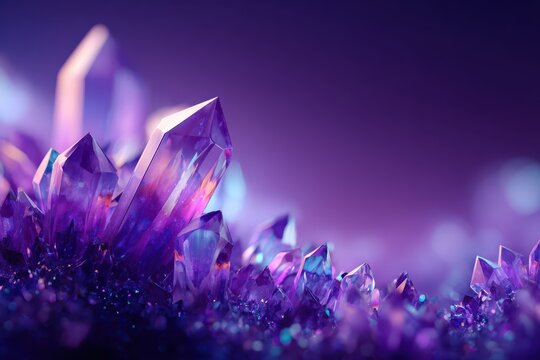 Close up view of brilliant purple crystal formations displaying sharp facets and sparkling textures - Powered by Adobe