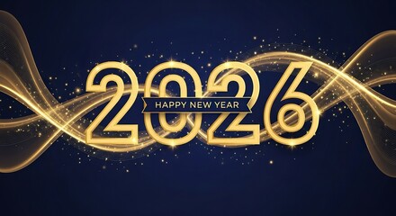 Happy new year 2026 golden text with abstract waves and sparkles no logo use