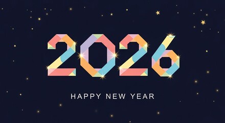 Happy new year 2026 text with colorful geometric shapes and sparkles no logo use