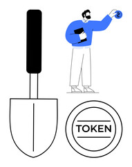 Cryptocurrency token in hand of businessman, shovel symbolizing mining, large token as focus. Ideal for blockchain, crypto, NFT, digital economy, finance data mining investment. Simple flat