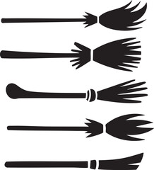 witch broom silhouette set, halloween flying broomstick collection, spooky magic broom icons, vector illustration of witch brooms