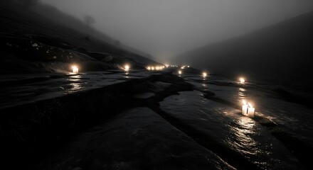 Obraz premium Mysterious Foggy Night Road with Distant Lights and Wet Reflections.