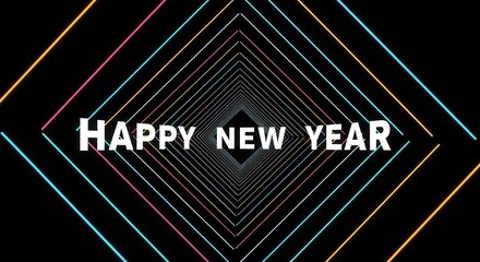 Happy new year text with colorful geometric tunnel background no logo use