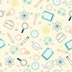 Colorful seamless education pattern with school items such as pencils clocks bags light bulbs and calculators ideal for learning backgrounds stationery and academic design projects