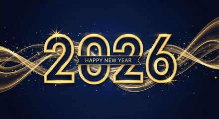 Happy new year 2026 text with golden wave and sparkle background no logo use