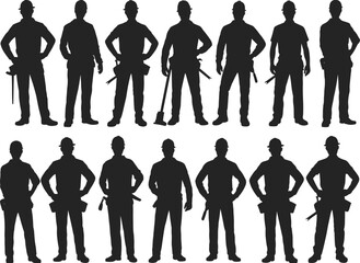 Construction workers silhouette, hard hat laborers, industrial workforce, teamwork in safety gear, manual tools, occupational safety, black figures, jobsite crew