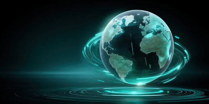 Futuristic digital globe glowing with network rings highlighting global medical trends and connectivity inspiring innovation - Powered by Adobe