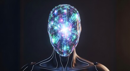 Head of a robot with a glowing, complex geometric pattern on its face