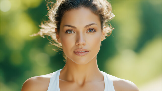 Portrait of woman in natural light with calm expression outdoors, concept of wellness, mindfulness, and beauty in nature.