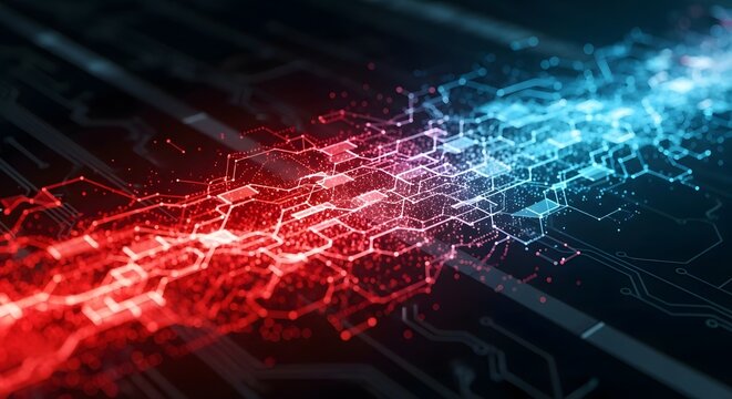 Abstract network of red and blue glowing nodes and lines on a dark background