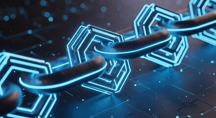 Abstract digital blockchain network with glowing blue hexagonal links and particles