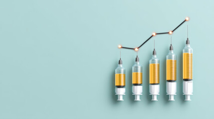 Syringe chart showing medical trends with rising data points symbolizing vaccine growth and healthcare progress on pastel background