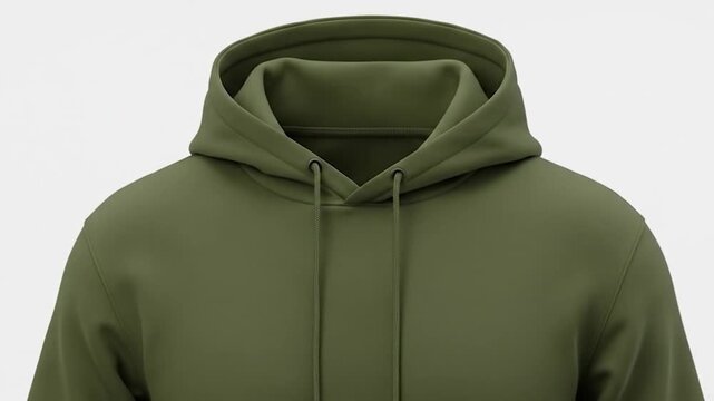 A plain, moss green hooded sweatshirt with a front pocket and drawstring