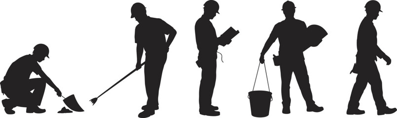 Construction workers silhouette, manual labor, teamwork, industrial site, tools, bucket, trowel, rake, inspection, jobsite, infrastructure, urban, building, effort, crew, task, motion, occupation, 