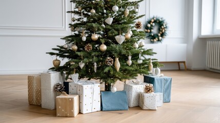 Naklejka premium Warm light from the fireplace and candles fills the room, highlighting a decorated tree and neatly arranged presents for the holiday season