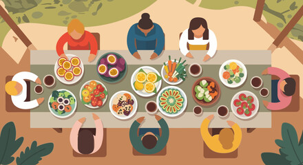 A vibrant flat design illustration depicting a diverse group of attendees enjoying healthy, organic food at a communal dining setting at Wonderfruit Festival. 
