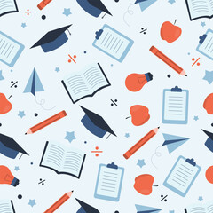Creative seamless education pattern with books pencils graduation caps apples and light bulbs perfect for school themes learning backgrounds stationery and academic design projects