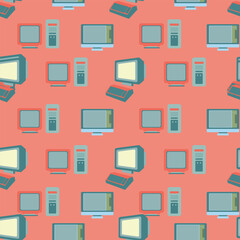 Seamless retro computer pattern featuring old desktops monitors and keyboards in vintage colors perfect for technology backgrounds nostalgic designs and digital themed creative projects