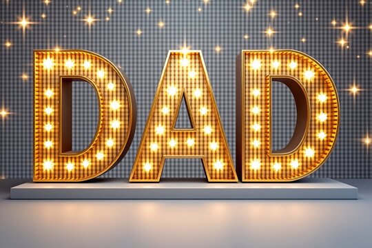 Illuminated marquee letters spell out the word dad with sparkles
